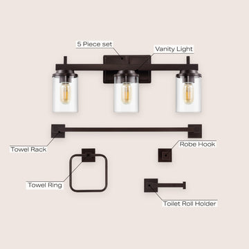Liam 23.25" 3-Light Farmhouse Industrial Vanity Light with Bathroom Hardware Accessory Set - JONATHAN Y
